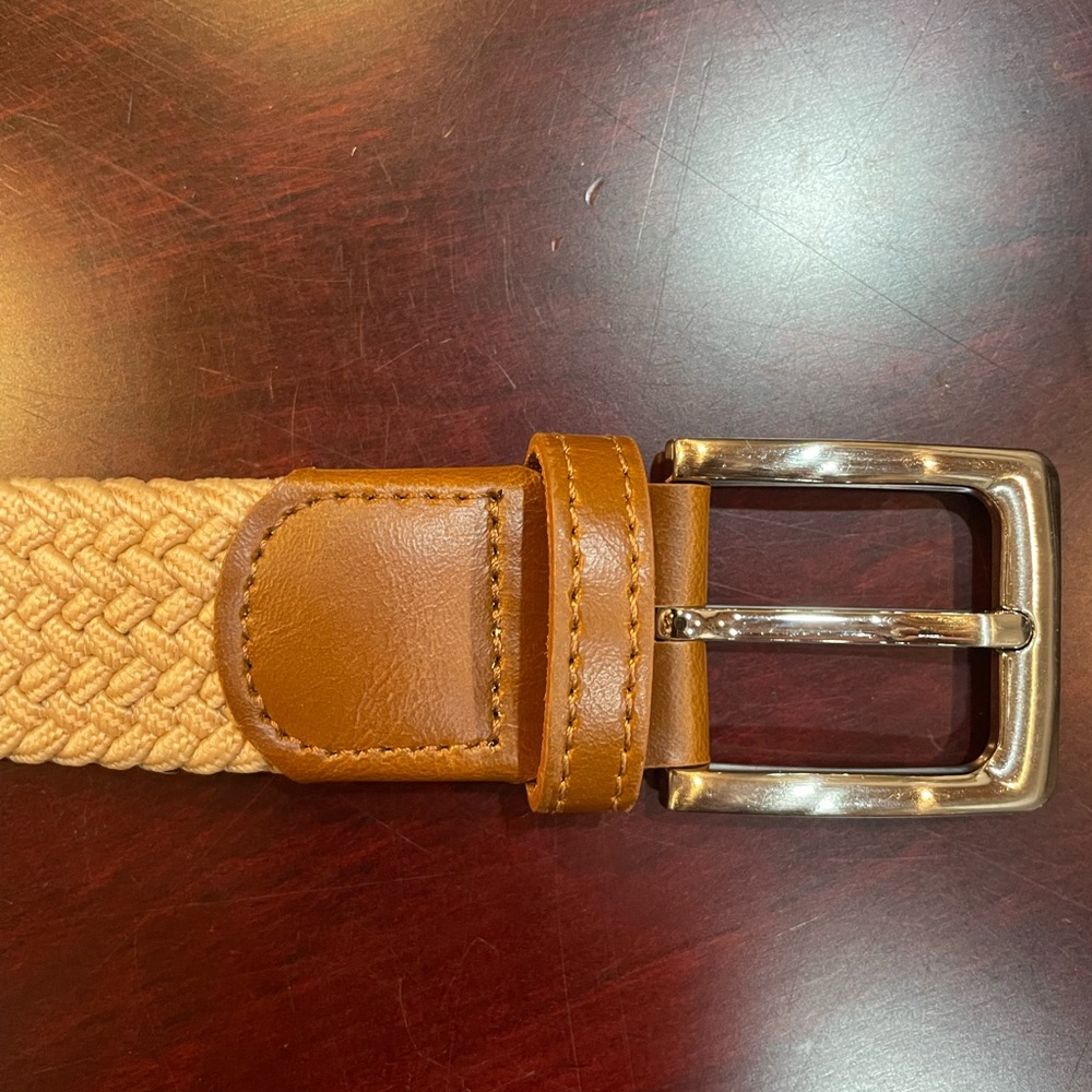 Men’s Tan Braided Stretch Belt with Brown Leather Accent - Picture 3 of 5